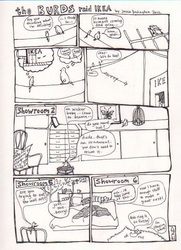 pen and ink comic strip about birds and ikea