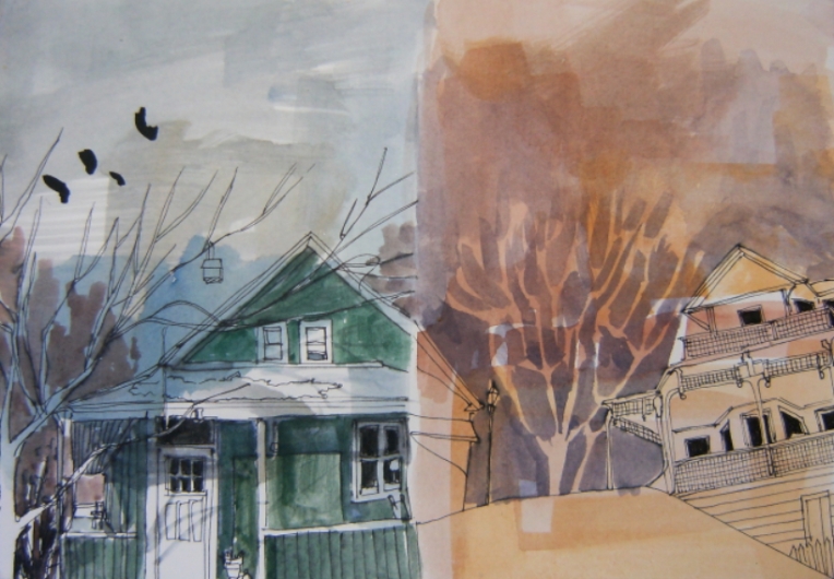 watercolour and drawing of houses in nelson, bc