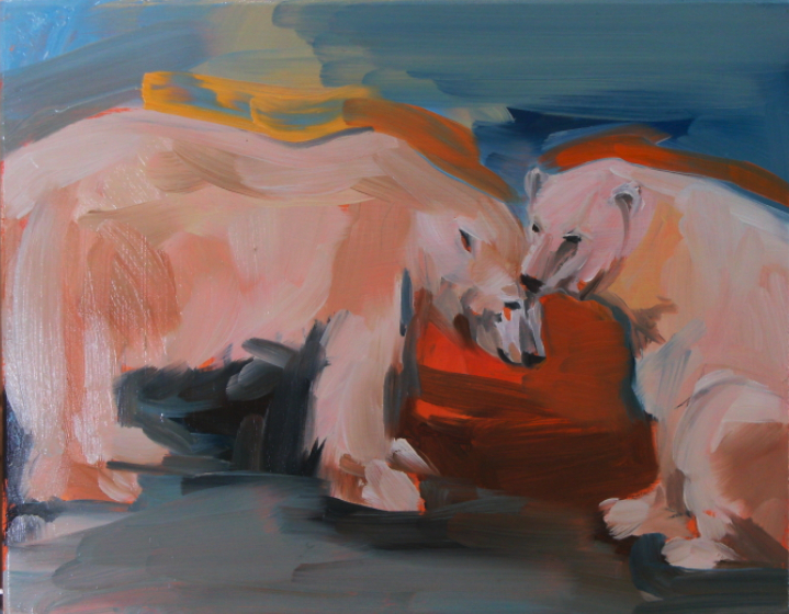 oil on masonite painting of two bears nuzzling each other